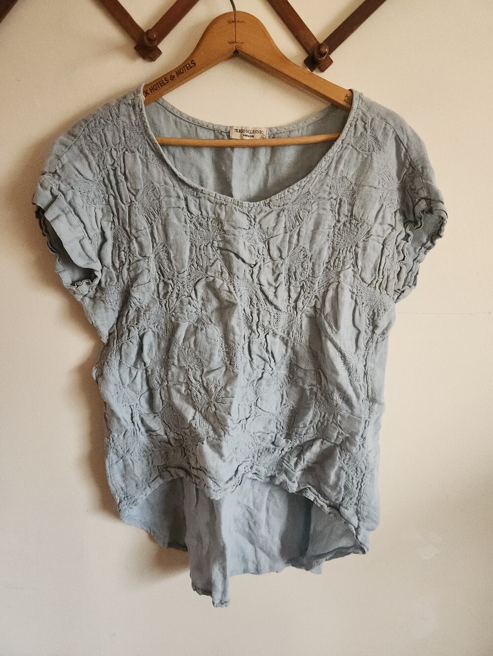Terzo Millennio Linen Washed Light Blue Embroidered Short Sleeve Top Large
